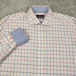 BUGATCHI White Plaid Flip Cuff Long Sleeved Button Up Shirt Men's XL 17.5 Cotton